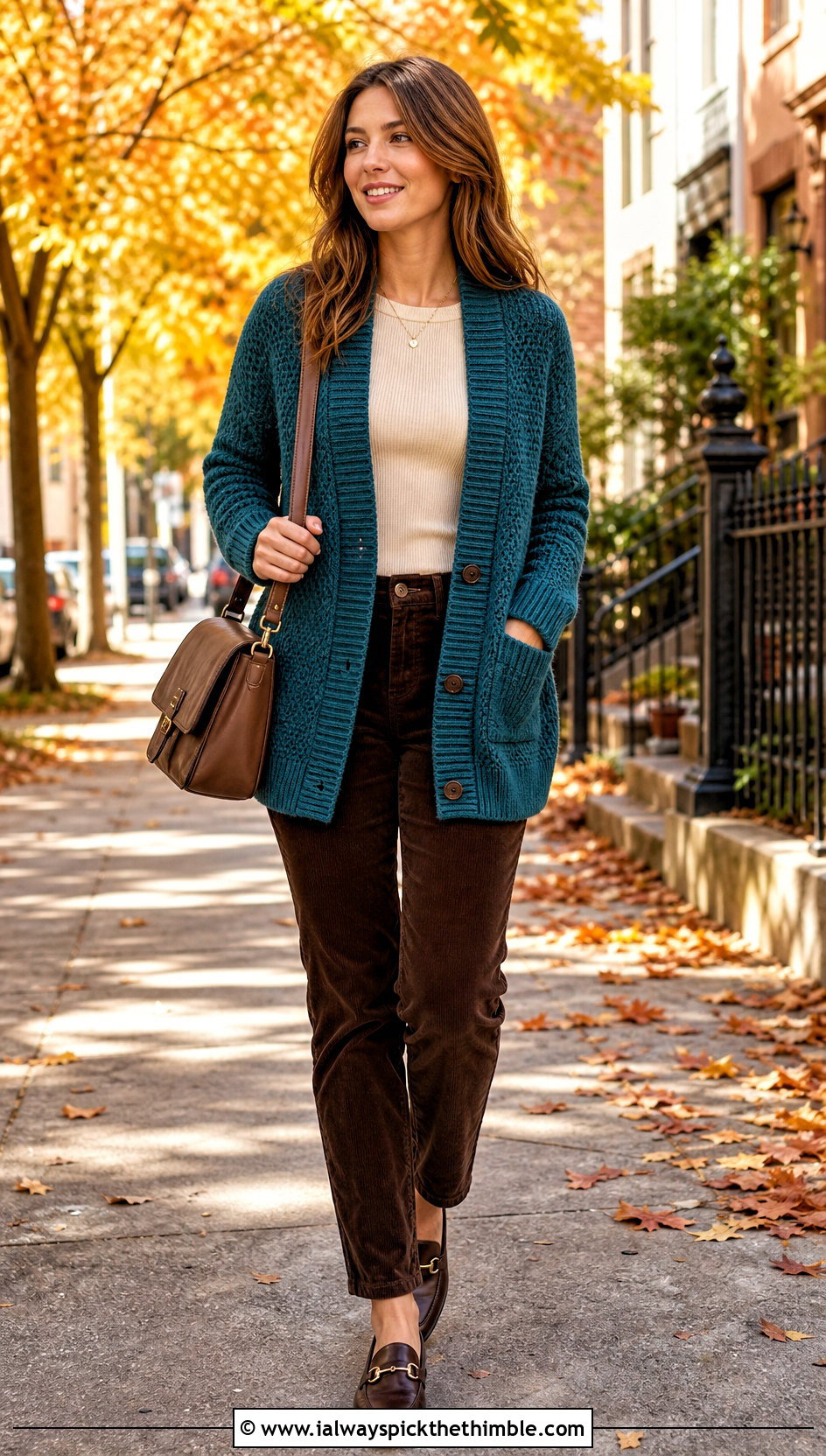 Ribbed Trim Campfire Cardigan With Corduroy Pants - 20 crochet campfire cardigan outfit ideas