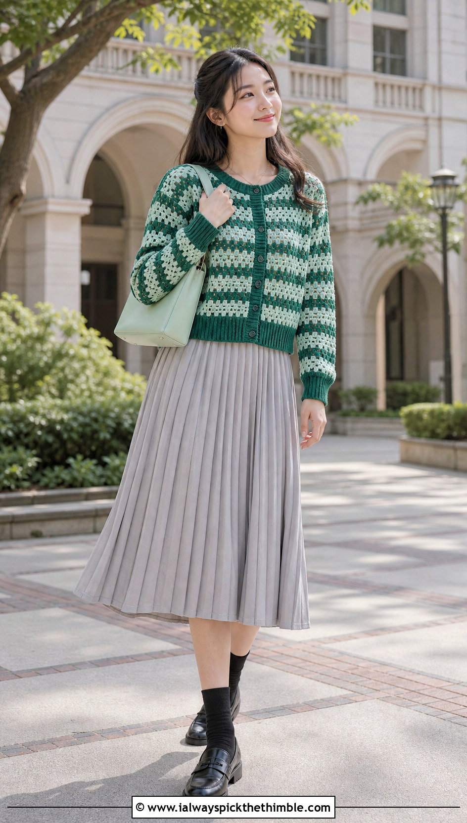 Ribbed Trim Checkered Crochet Cardigan With Pleated Skirt - 20 Checkered Crochet Cardigan outfit ideas