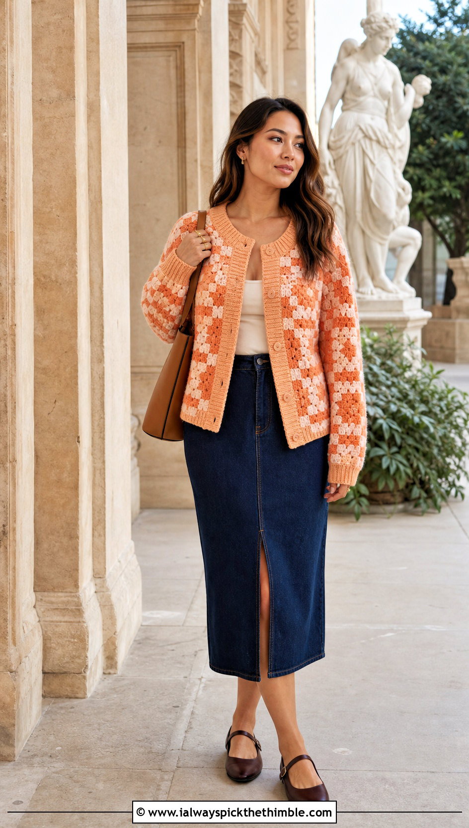 Ribbed Trim Checkered Granny Square Cardigan With Denim Midi Skirt - 20 checkered granny square cardigan outfit ideas