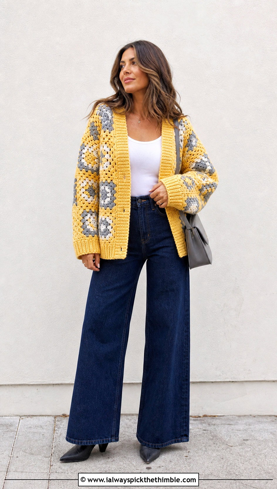 Ribbed Trim Chunky Granny Square Cardigan With Wide Leg Jeans - 25 Chunky Granny Square Cardigan outfit ideas