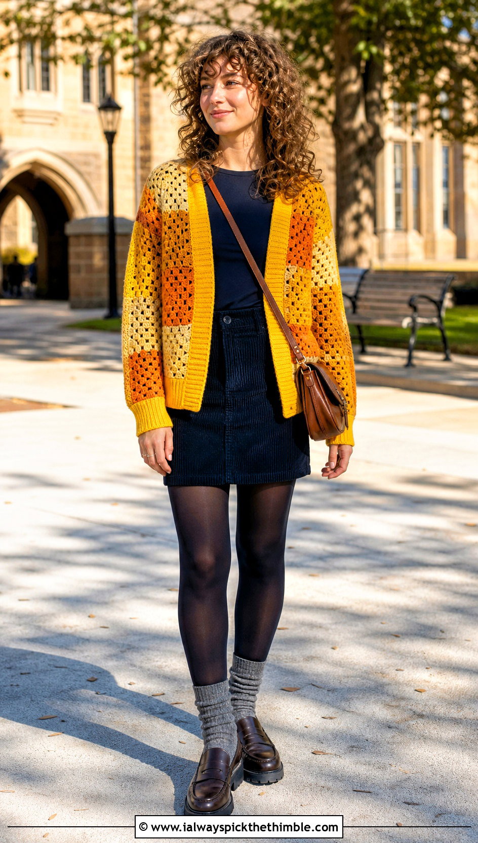 Ribbed Trim Crochet Patchwork Cardigan With Mini Skirt And Tights - 25 crochet patchwork cardigan outfit ideas