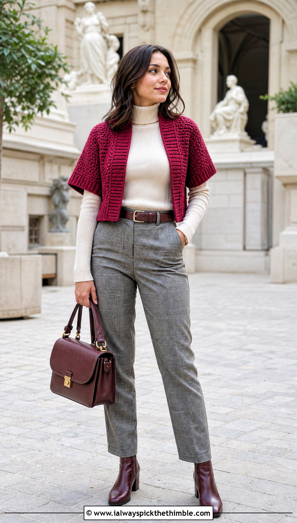 Ribbed Trim Crochet Short Sleeve Shrug With Plaid Trousers - 20 crochet short sleeve shrug outfit ideas