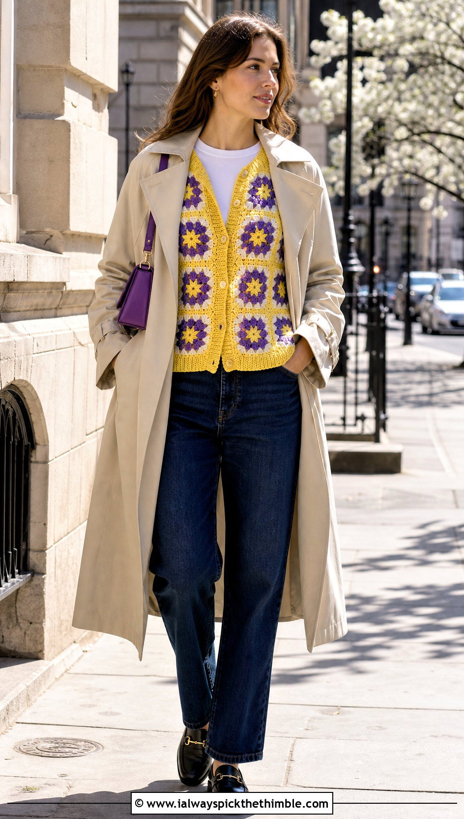 Ribbed Trim Daisy Granny Square Cardigan With Trench Coat - 20 Daisy Granny Square Cardigan outfit ideas