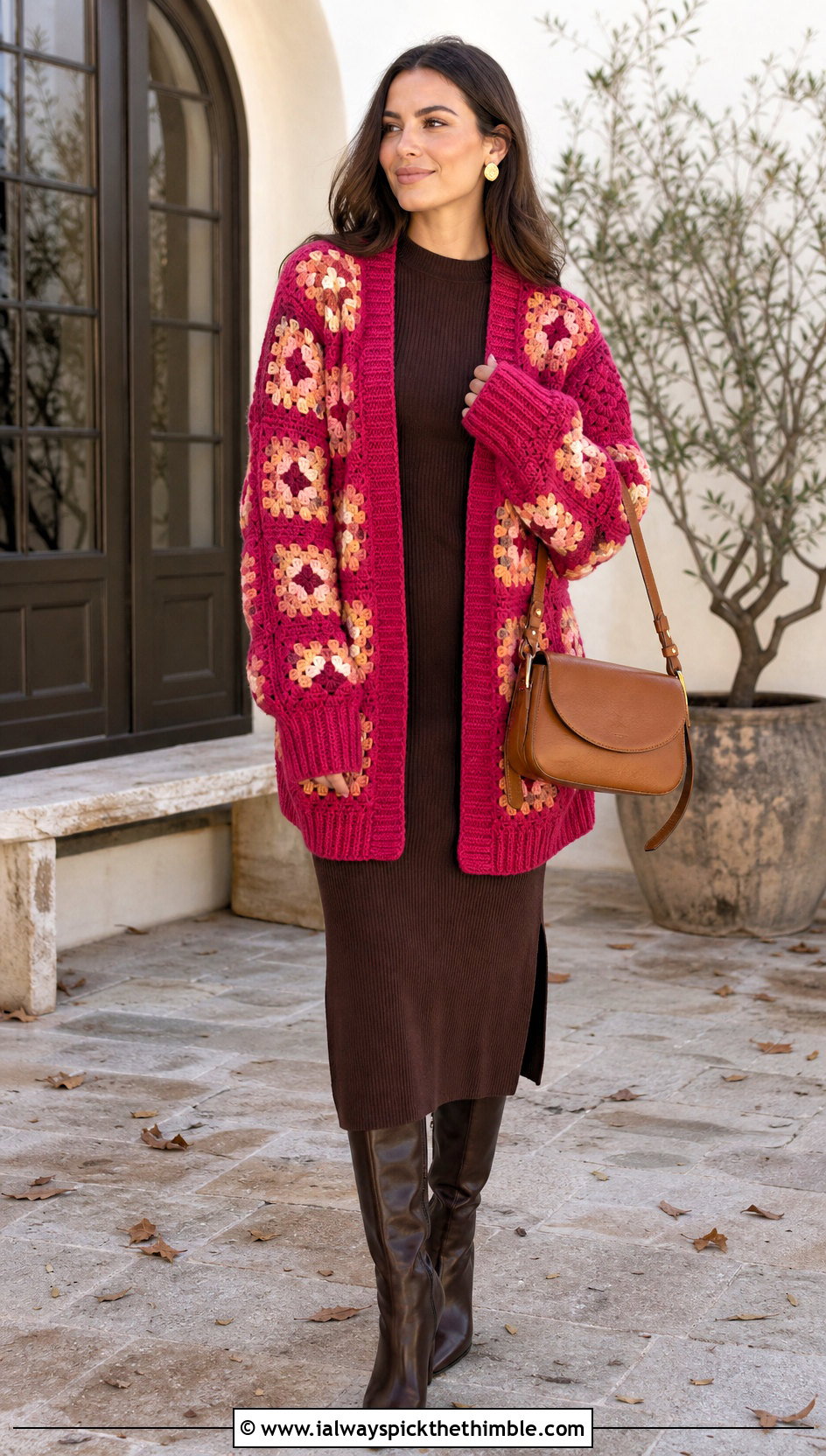 Ribbed Trim Granny Square Cardigan With Knit Dress - 20 Oversized Granny Square Cardigan outfit ideas