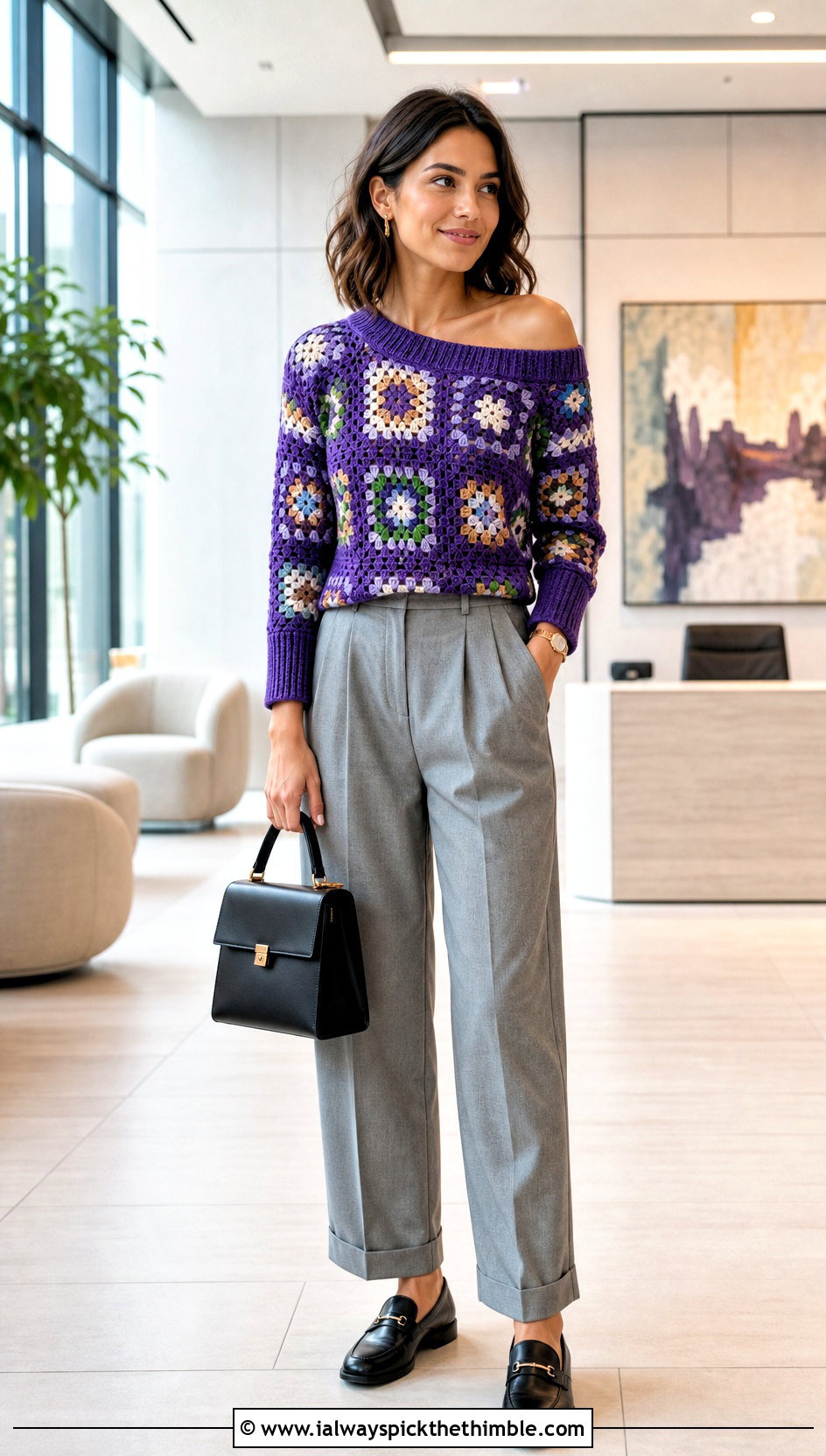 Ribbed Trim Granny Square Off The Shoulder Sweater With Tailored Trousers - 20 granny square off the shoulder sweater outfit ideas