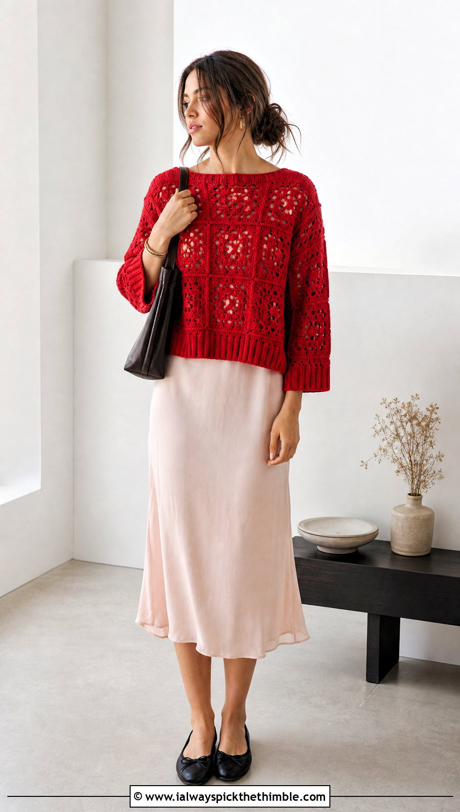 Ribbed Trim Granny Square Pullover Over A Slip Dress - 20 crochet granny square pullover sweater outfit ideas
