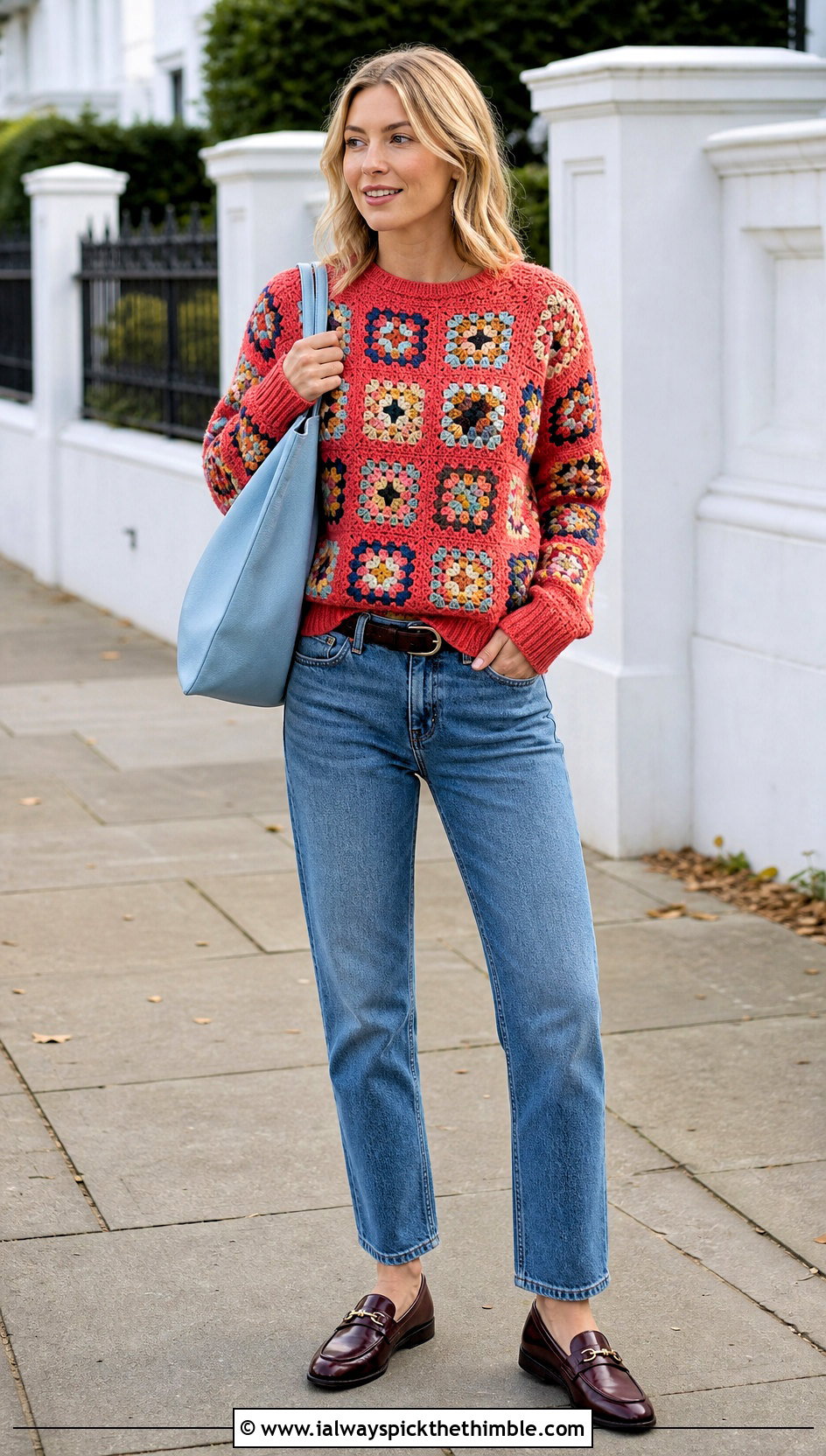 Ribbed Trim Granny Square Pullover With Straight Jeans - 20 Granny Squares Sweater outfit ideas