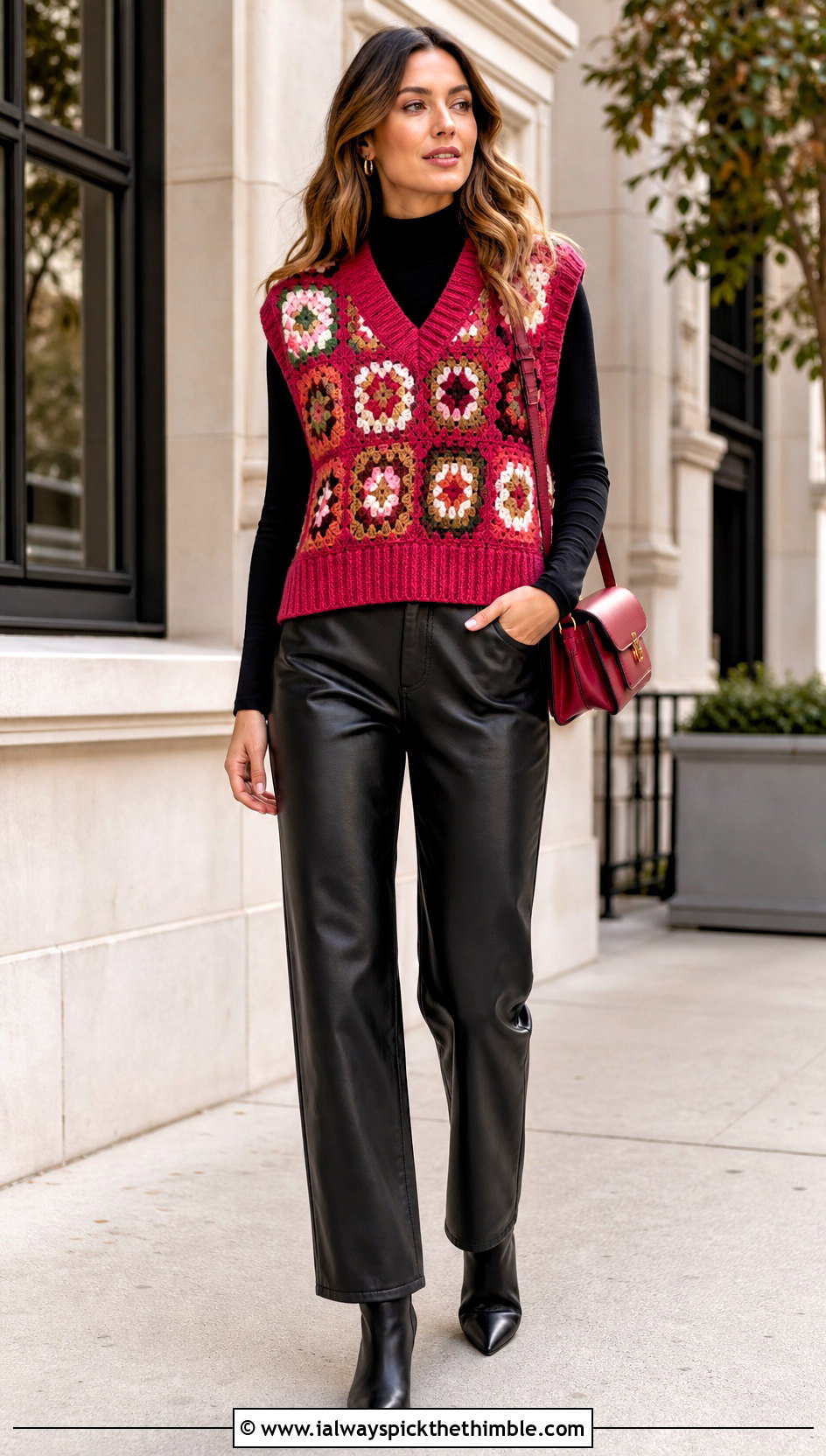 Ribbed Trim Granny Square Sweater Vest With Leather Pants - 25 granny square sweater vest outfit ideas