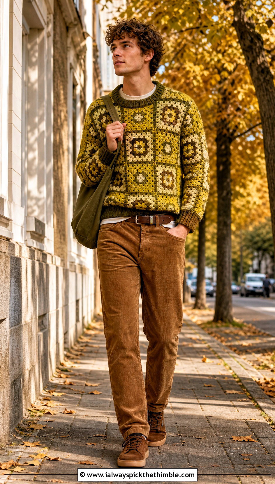 Ribbed Trim Granny Square Sweater With Corduroy Pants - 20 Crochet Granny Square Sweater For Men outfit ideas