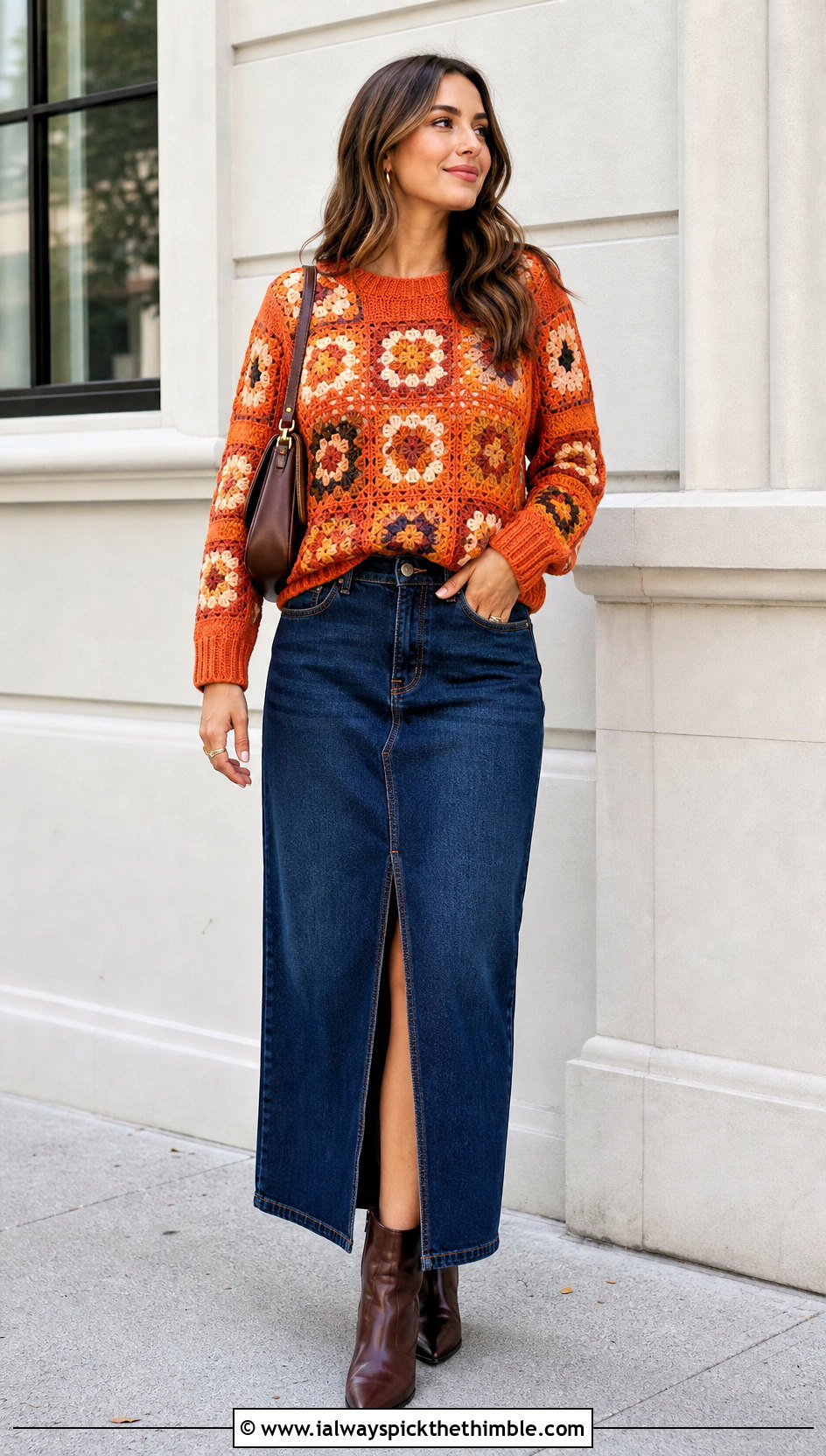 Ribbed Trim Granny Square Sweater With Denim Maxi Skirt - 25 granny square crochet sweater outfit ideas
