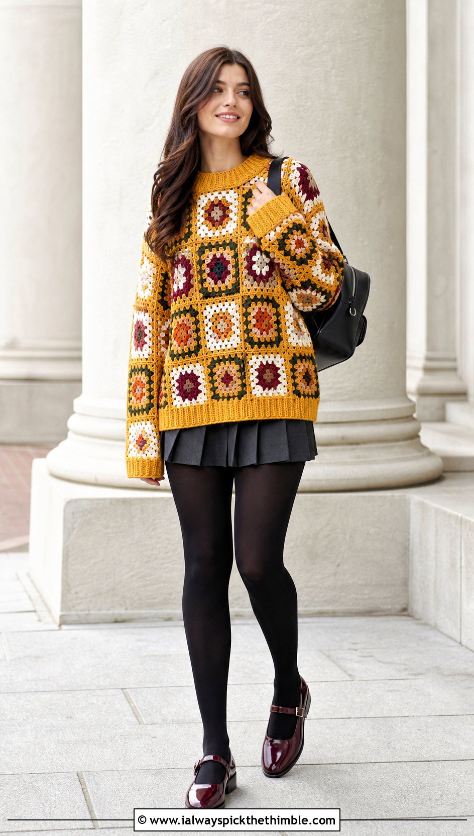 Ribbed Trim Granny Square Sweater With Pleated Mini Skirt - 15 Crochet Oversized Granny Square Sweater outfit ideas