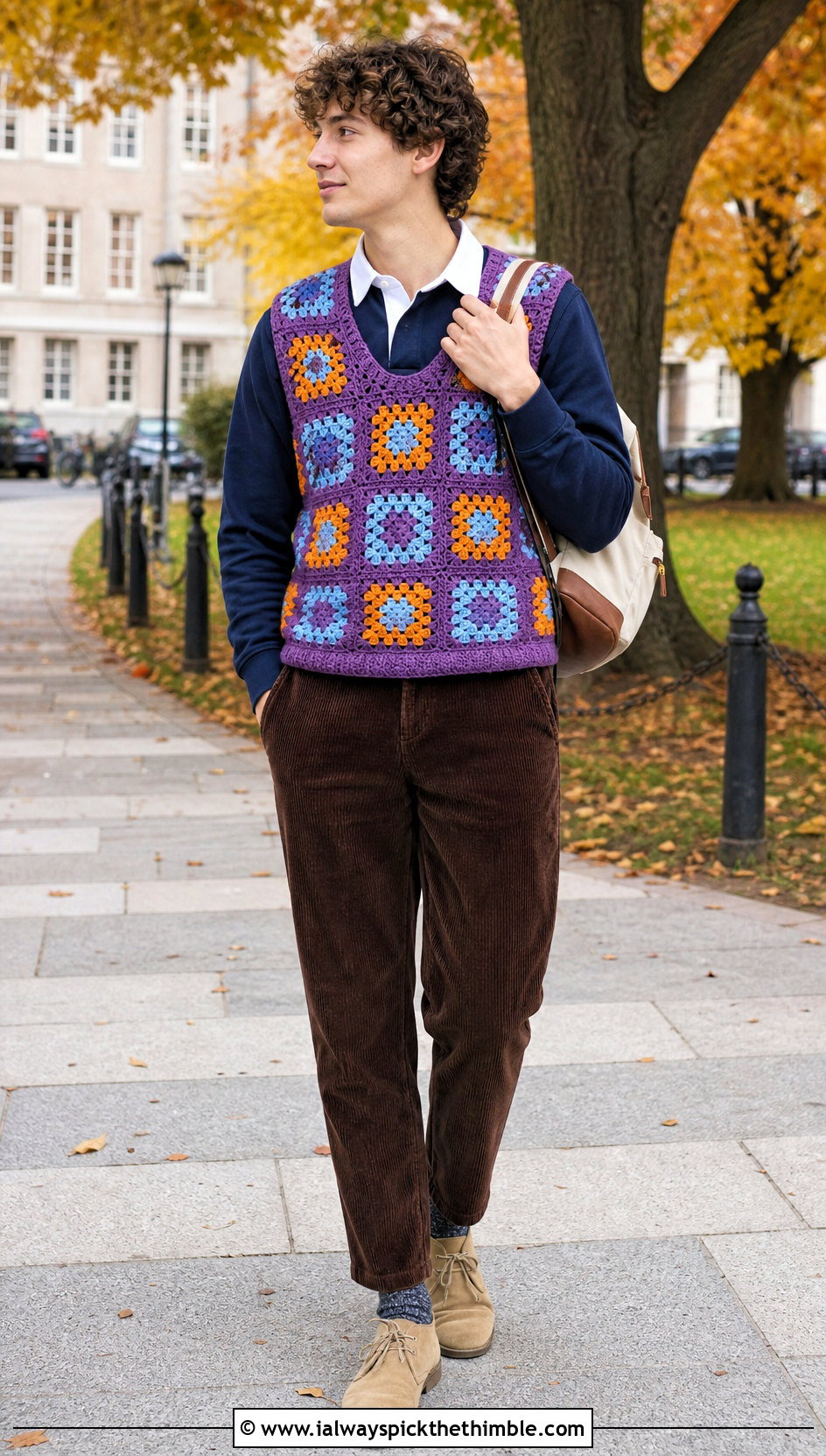 Ribbed Trim Granny Square Vest With Rugby Shirt And Corduroy Pants - 20 crochet granny square mens vest outfit ideas