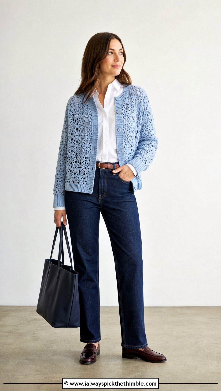 Ribbed Trim Hexi Cardi With Button Down Shirt - 25 crochet hexi cardi outfit ideas