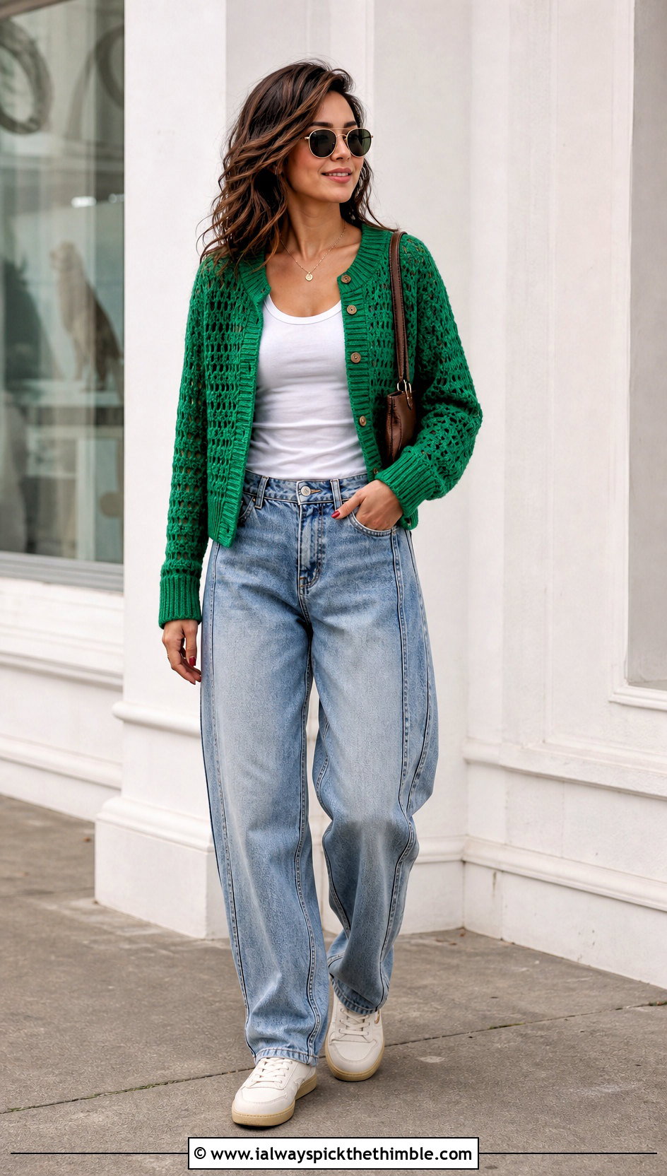 Ribbed Trim Hexi Crochet Cardigan With Barrel Jeans - 25 hexi crochet cardigan outfit ideas