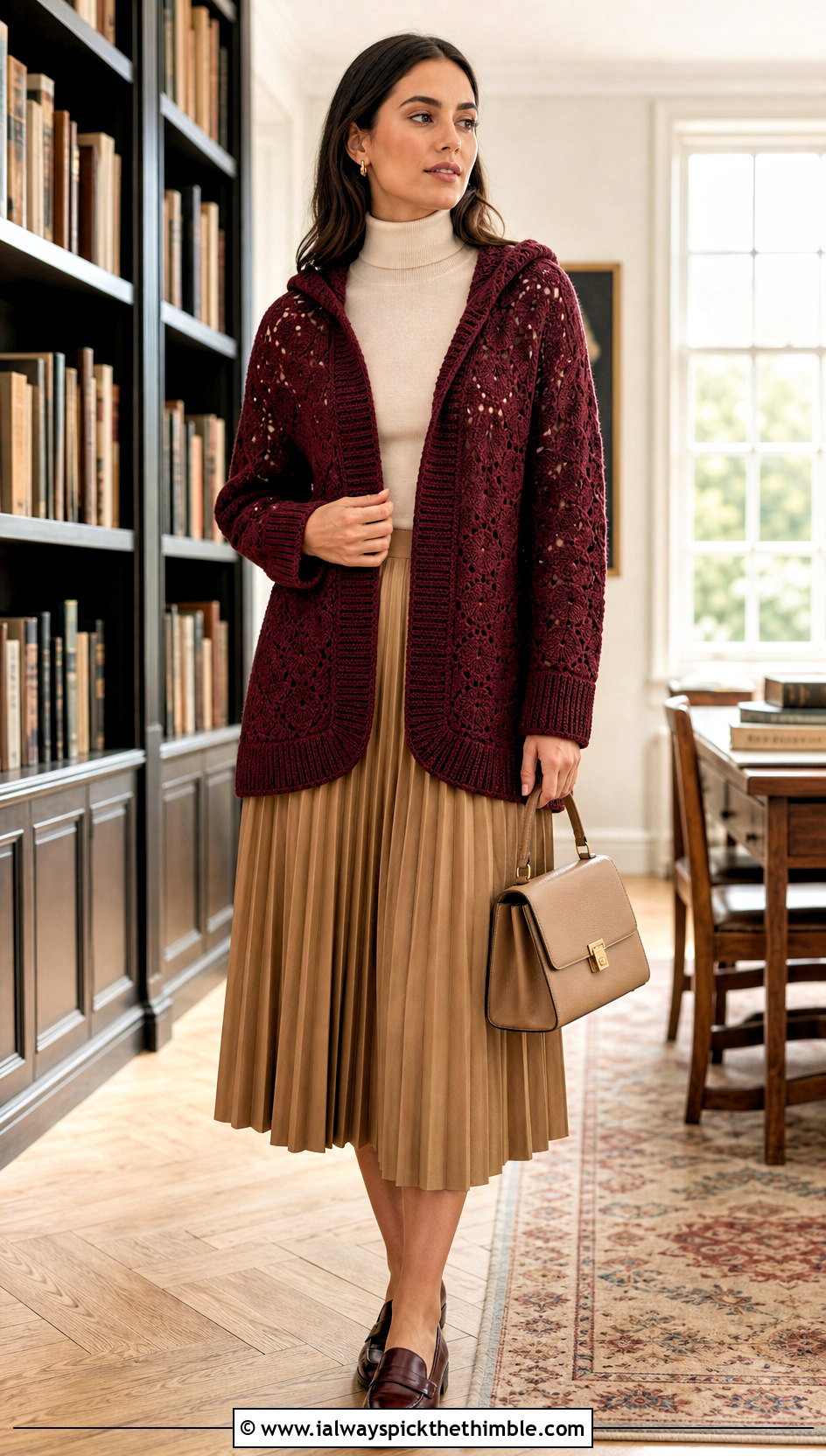 Ribbed Trim Hooded Hexagon Cardigan With Pleated Midi Skirt - 20 Crochet Hexagon Cardigan With Hood outfit ideas