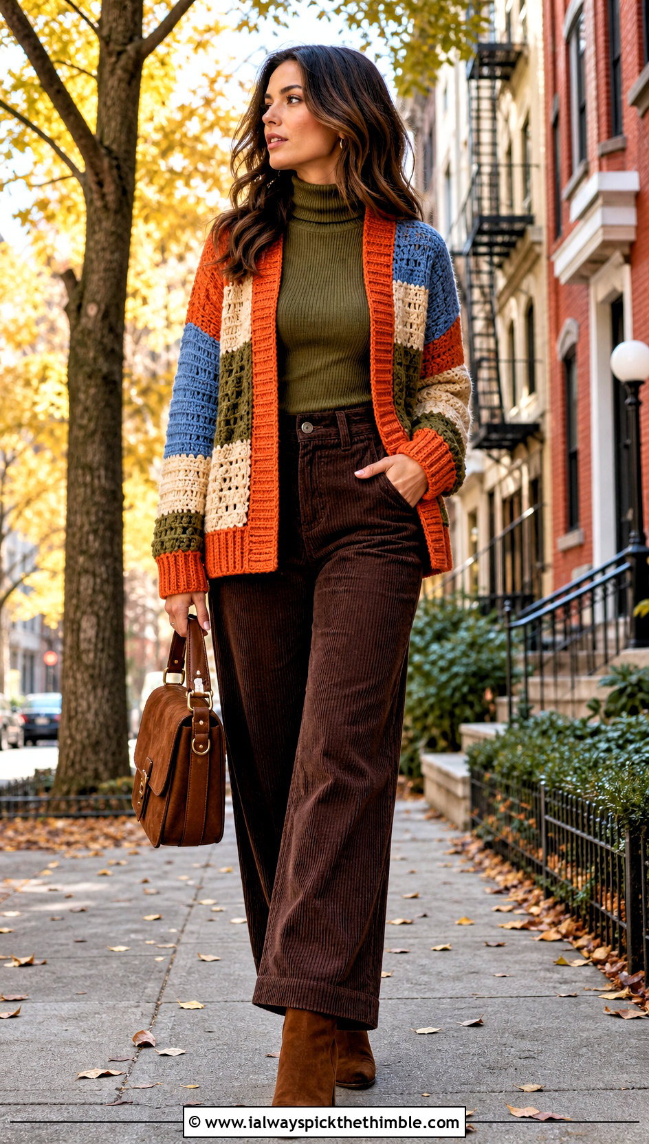 Ribbed Trim Patchwork Cardigan With Corduroy Pants - 15 harry styles patchwork crochet cardigan outfit ideas