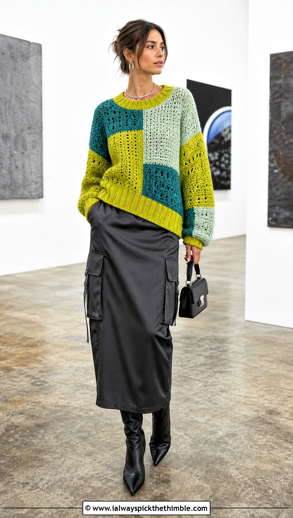 Ribbed Trim Patchwork Sweater With Satin Cargo Skirt - 20 crochet patchwork sweater outfit ideas