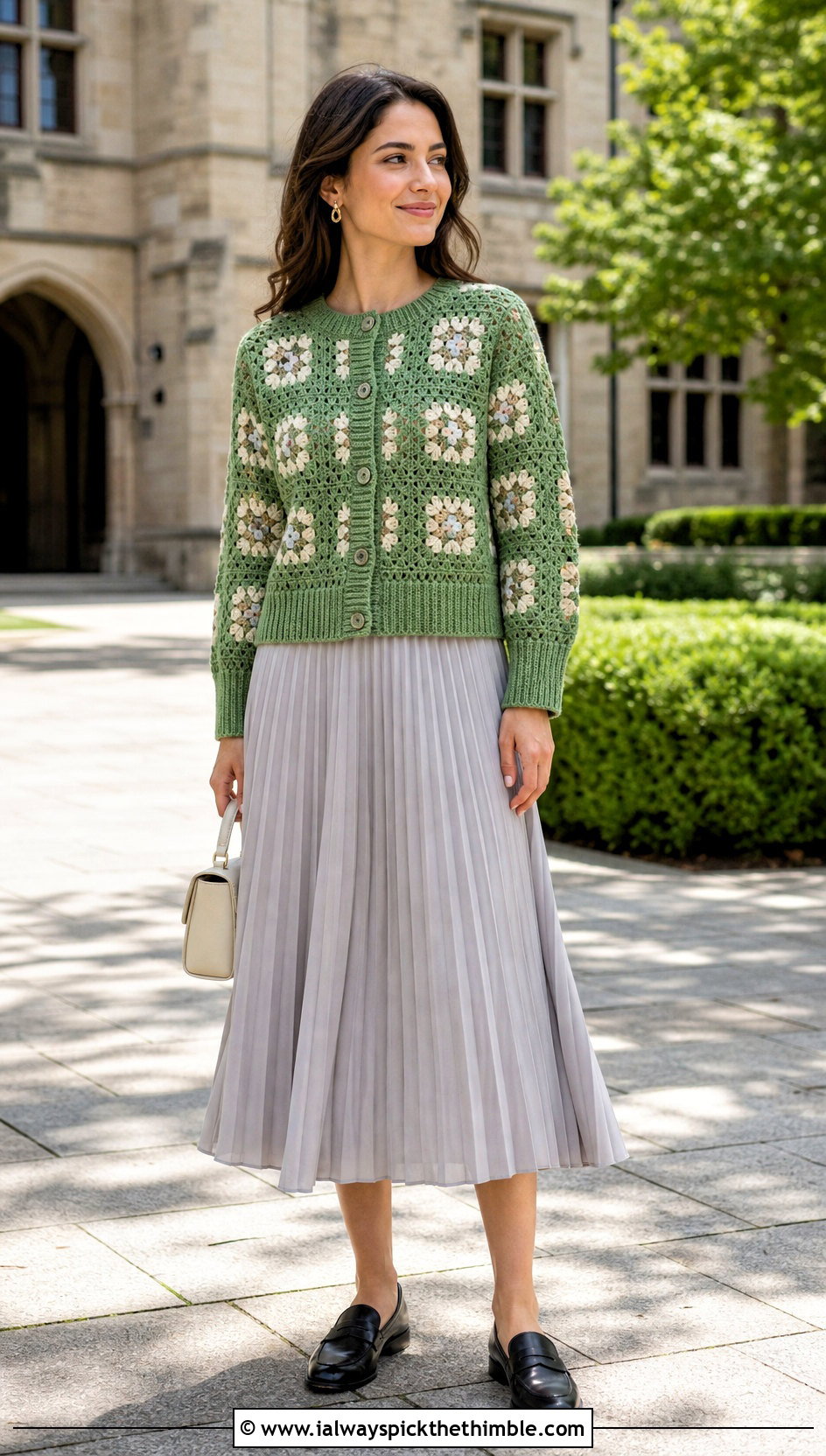 Ribbed Trim Solid Granny Square Cardigan With Pleated Skirt - 20 Crochet Solid Granny Square Cardigan outfit ideas