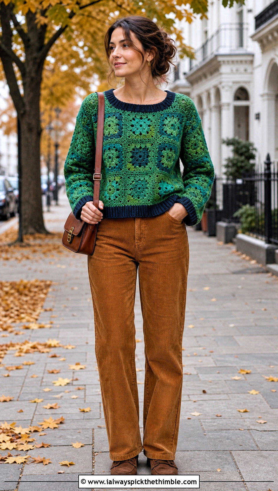 Ribbed Trim Square Jumper With Corduroy Pants - 20 crochet square jumper outfit ideas