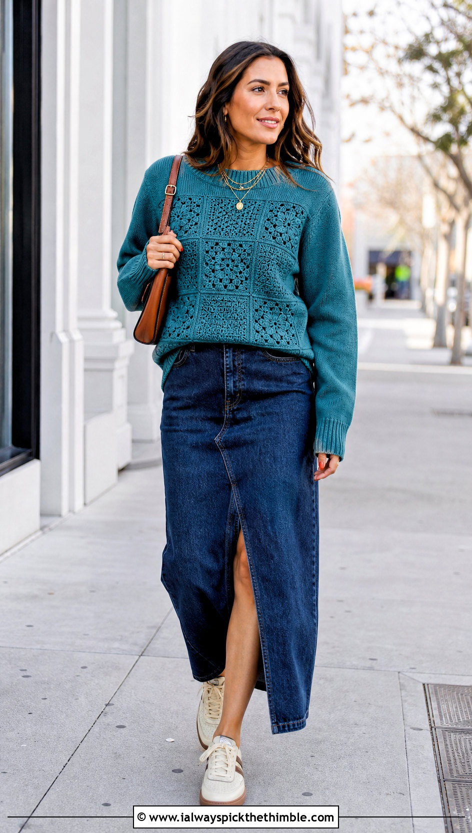 Ribbed Trim Square Sweater With Denim Maxi Skirt - 25 Crochet Square Sweater outfit ideas