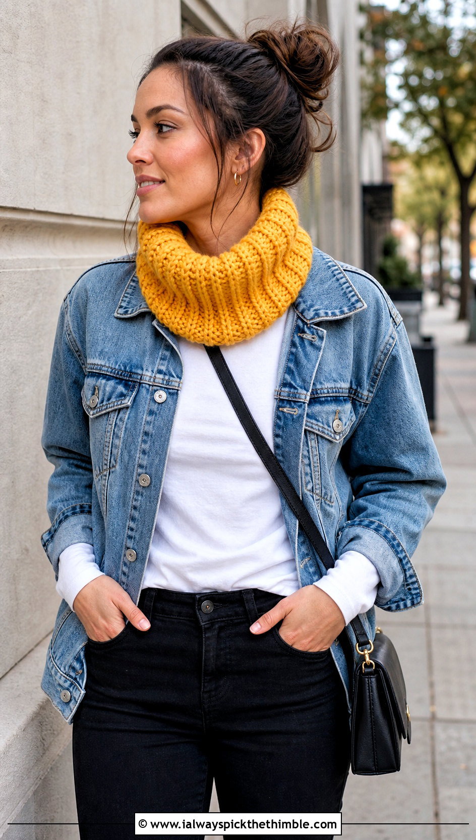 Ribbed Tube Crochet Cowl With Denim Jacket - 20 Wool Ease Thick And Quick Crochet Cowl outfit ideas