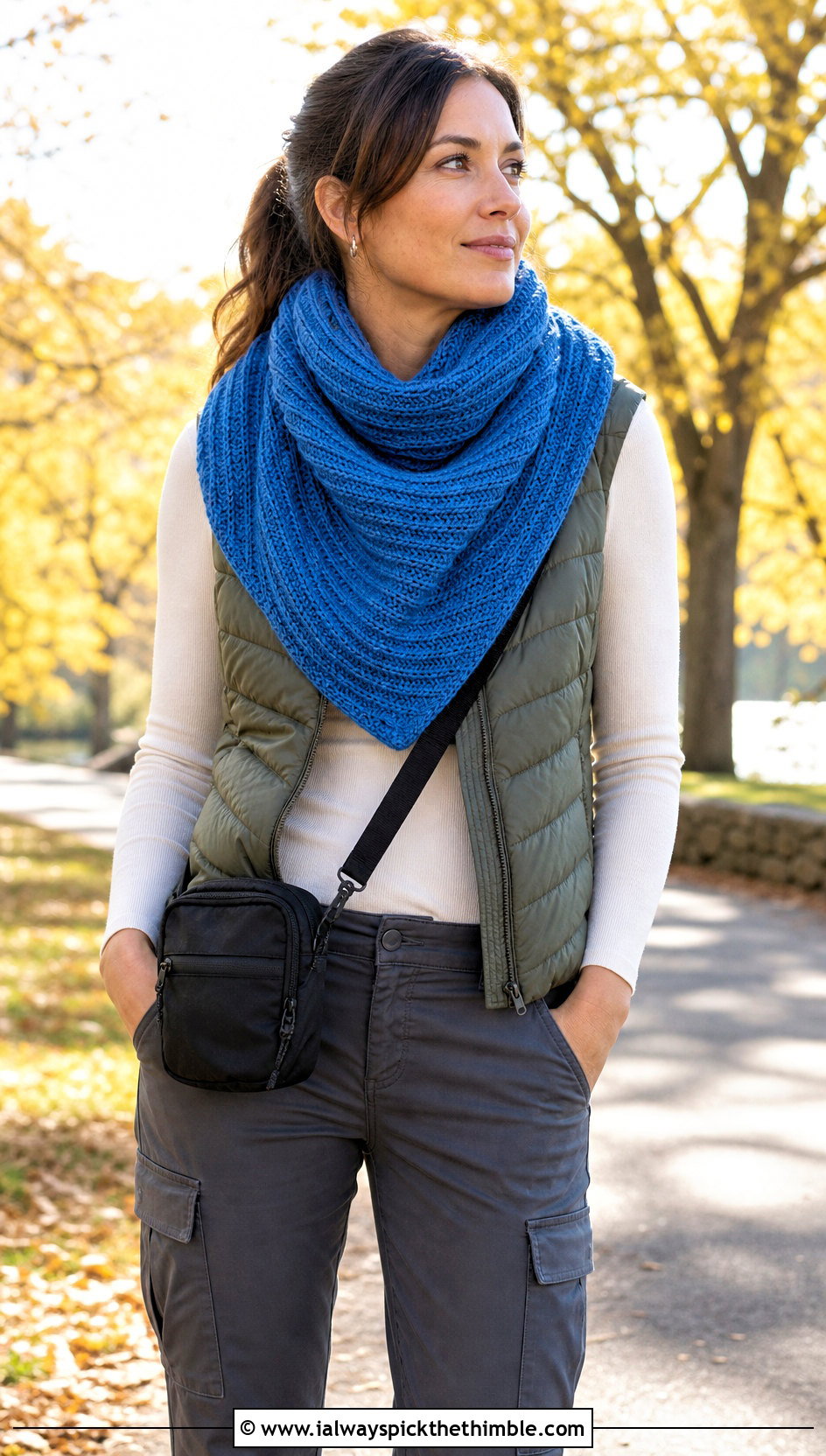 Ribbed Tunisian Crochet Triangle Shawl With Puffer Vest - 20 Tunisian Crochet Triangle Shawl outfit ideas
