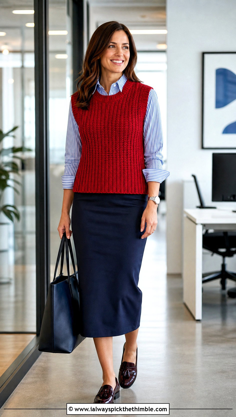 Ribbed Tunisian Crochet Vest With Pencil Skirt - 20 Tunisian Crochet Vest outfit ideas