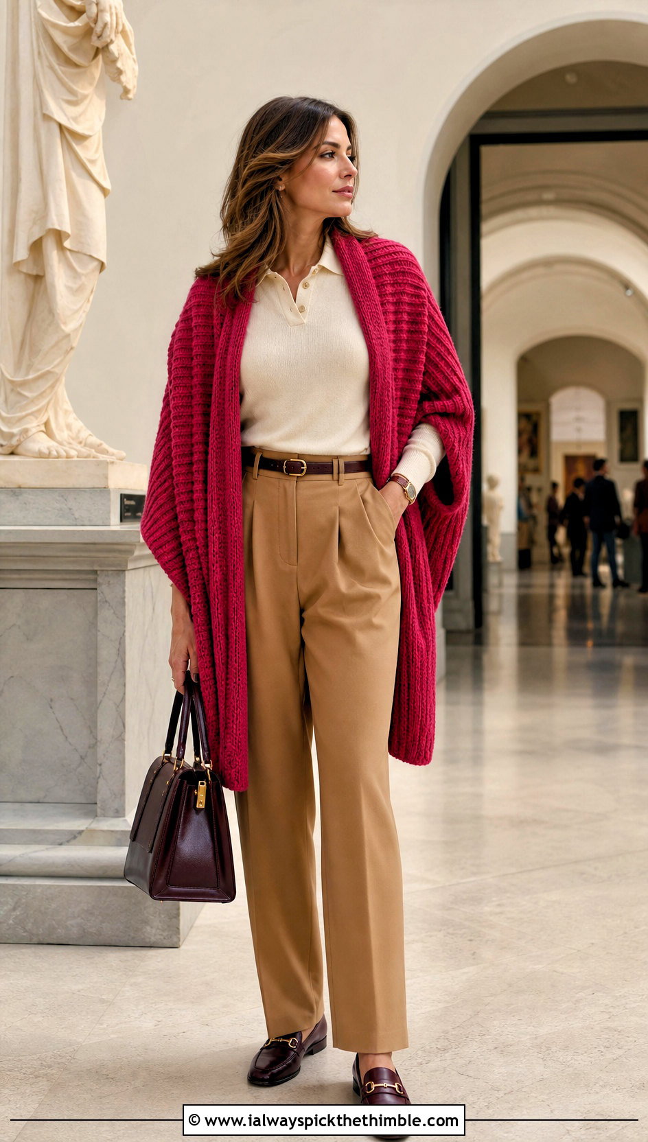 Ribbed Tunisian Shawl With Knit Polo And Trousers - 25 tunisian crochet shawl outfit ideas