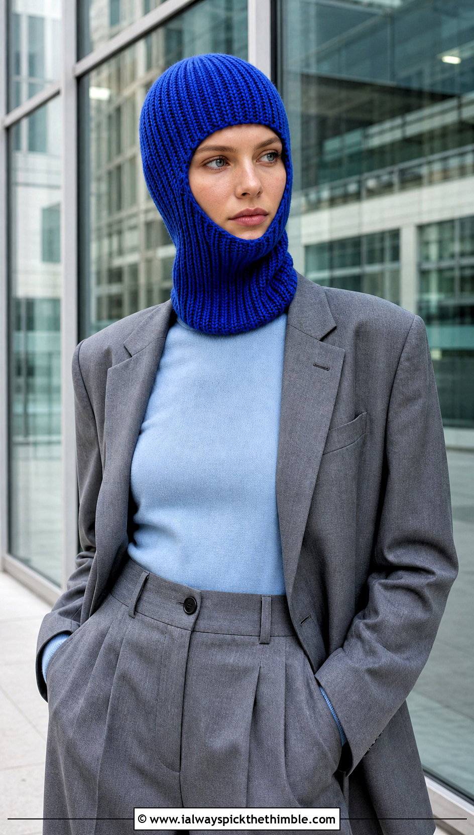 Ribbed Turtleneck Crochet Balaclava With Tailored Suit - 20 hooded crochet balaclava outfit ideas