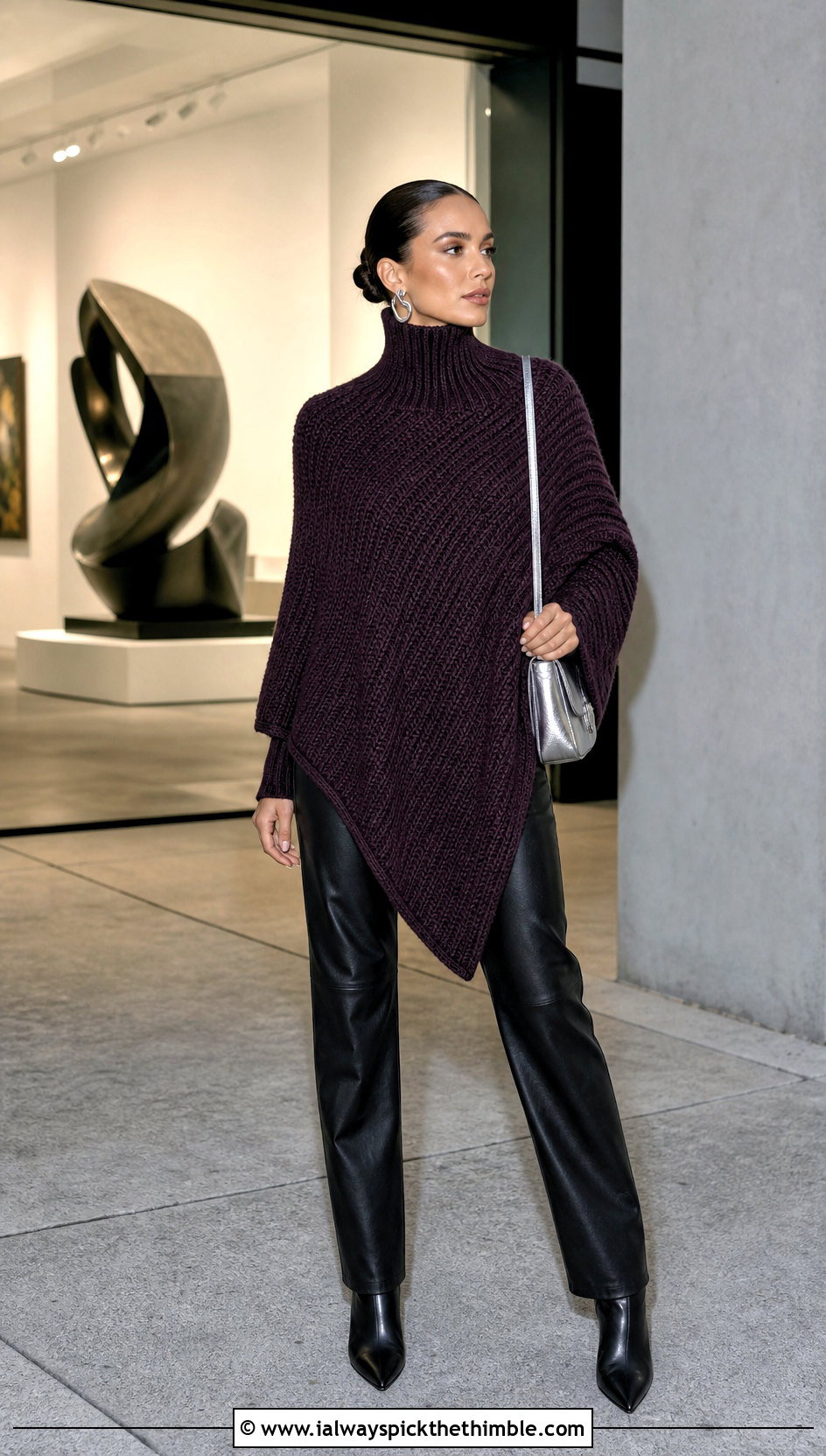 Ribbed Turtleneck Crochet Poncho With Leather Pants - 20 Crochet Poncho With Collar outfit ideas