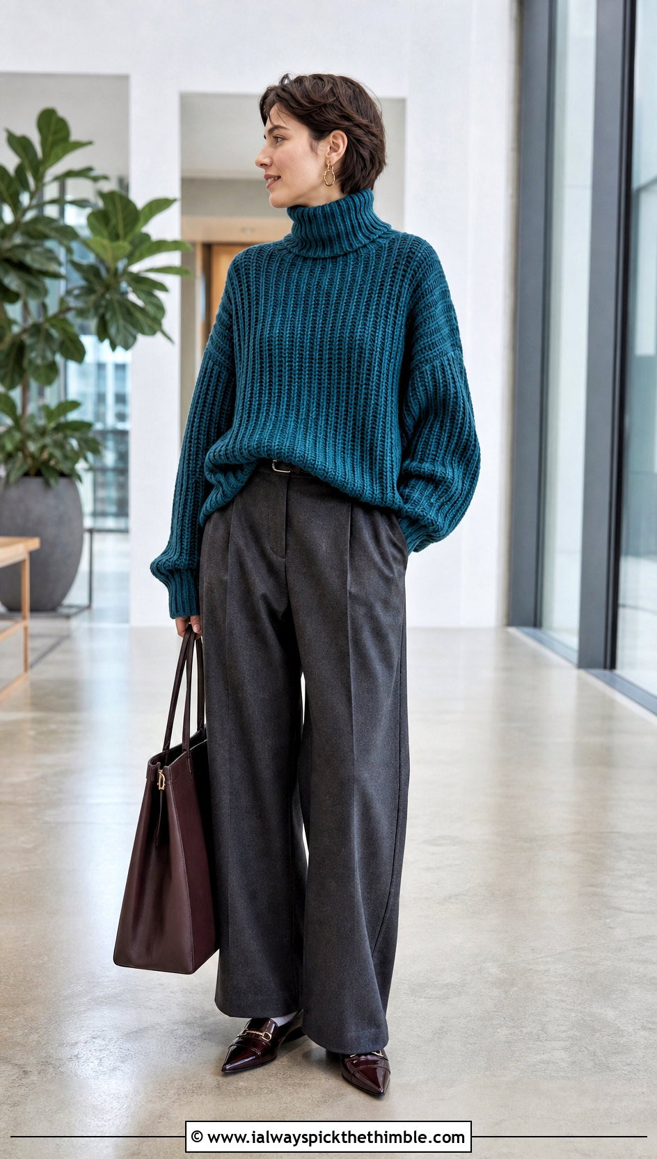 Ribbed Turtleneck Crochet Sweater With Tailored Trousers - 25 oversized crochet sweater outfit ideas