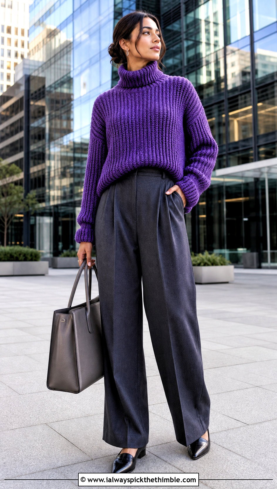 Ribbed Turtleneck Oversized Crochet Sweater With Tailored Trousers - 25 crochet oversized sweater outfit ideas