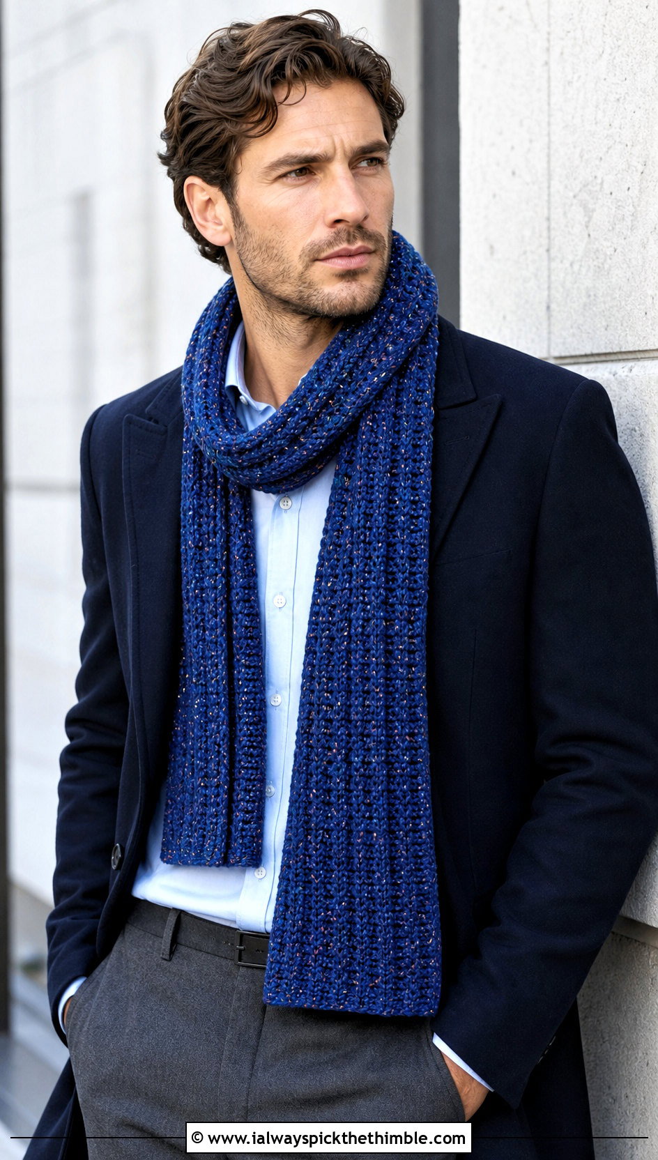 Ribbed Tweed Crochet Scarf With Navy Overcoat - 15 Tweed Men's Crochet Scarf outfit ideas