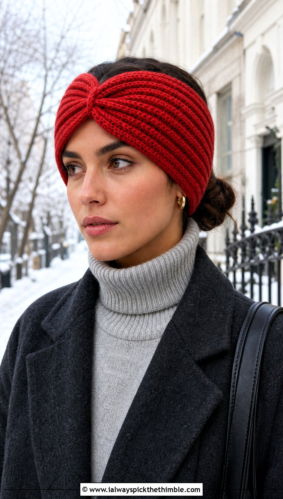 Ribbed Twist Butterfly Crochet Ear Warmer With Wool Coat - 15 crochet butterfly headband outfit ideas