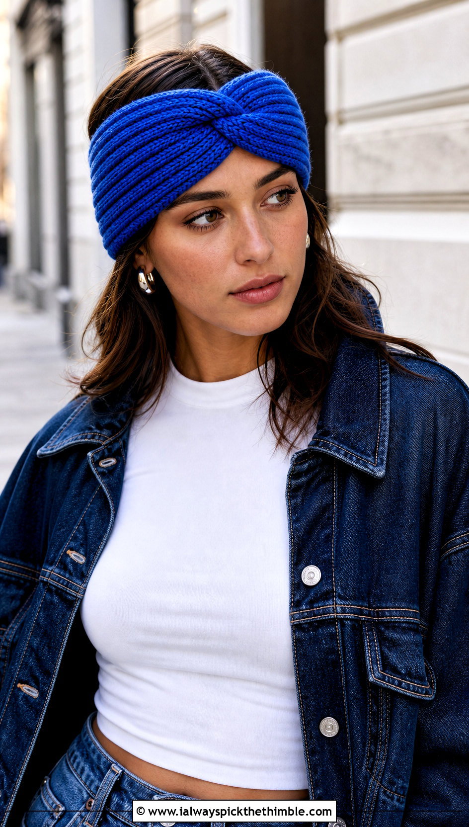 Ribbed Twist Ear Warmer With Denim Jacket - 20 Crochet Twist Ear Warmer outfit ideas