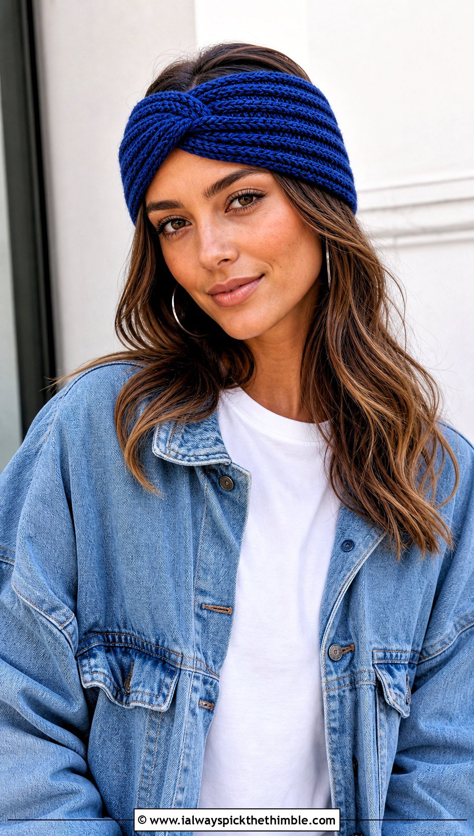Ribbed Twisted Knot Crochet Headband With Denim Jacket - 15 Twisted Knot Crochet Headband outfit ideas