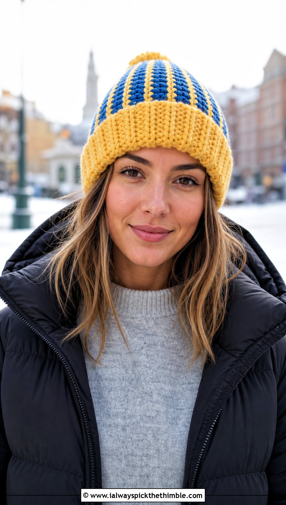 Ribbed Two Color Crochet Beanie With Puffer Jacket - 20 two color crochet beanie outfit ideas