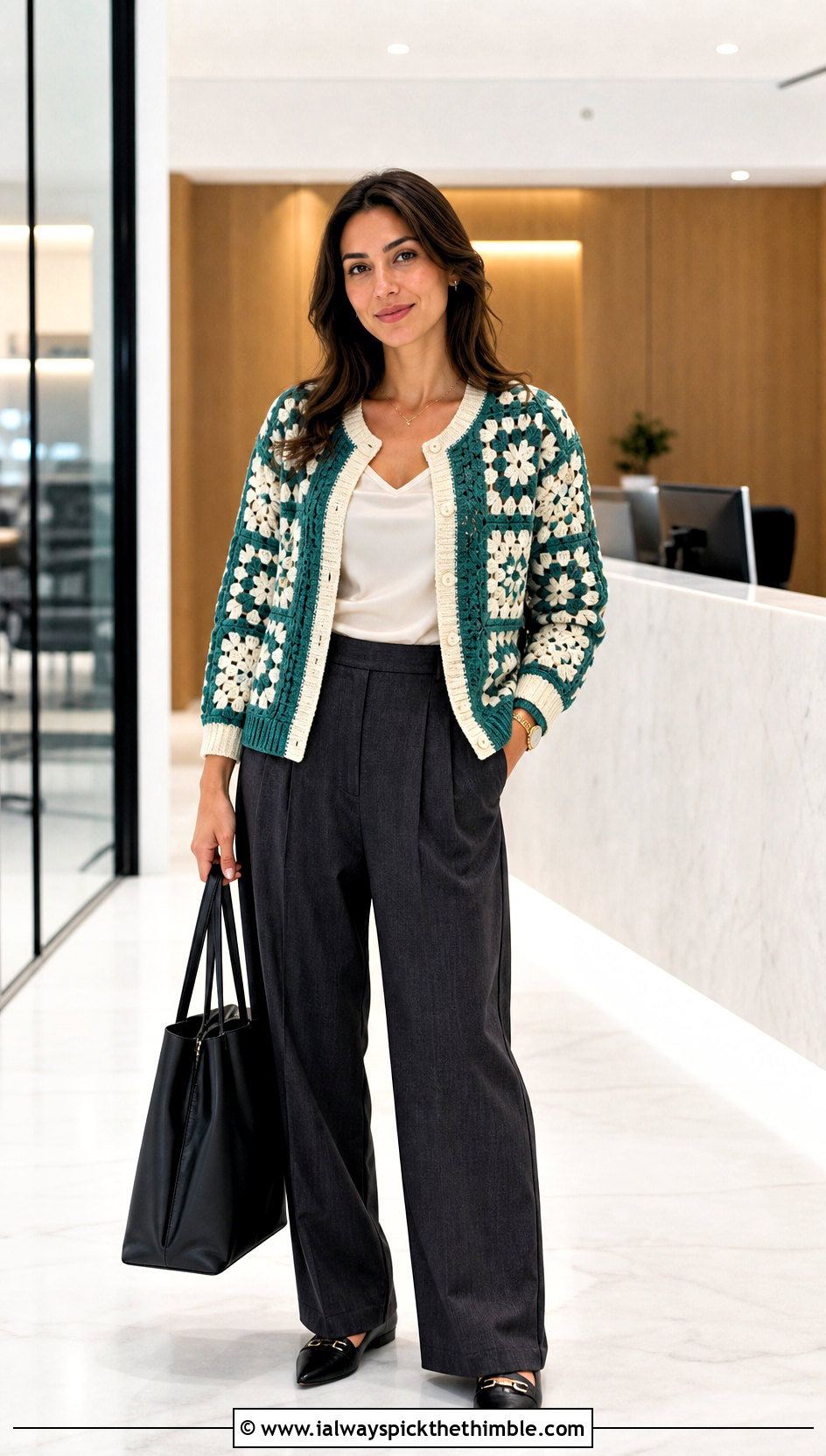 Ribbed Two Color Granny Square Cardigan With Tailored Trousers - 20 Two Granny Square Cardigan outfit ideas