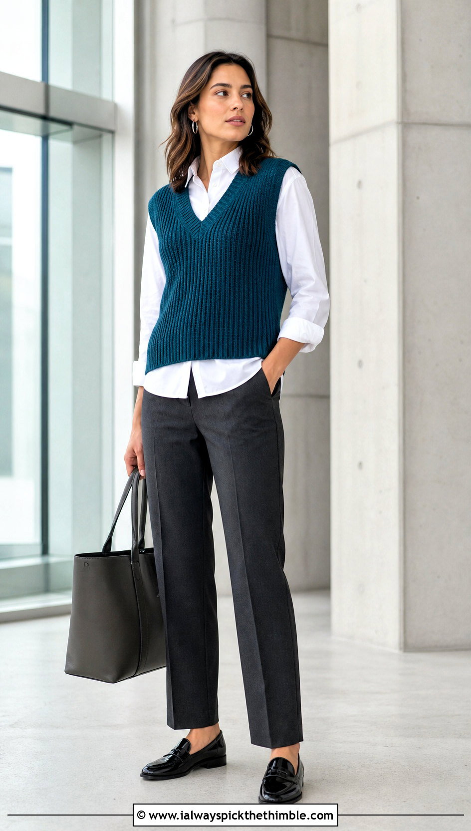 Ribbed V Neck Crochet Pullover Vest With Tailored Trousers - 15 crochet pullover vest outfit ideas