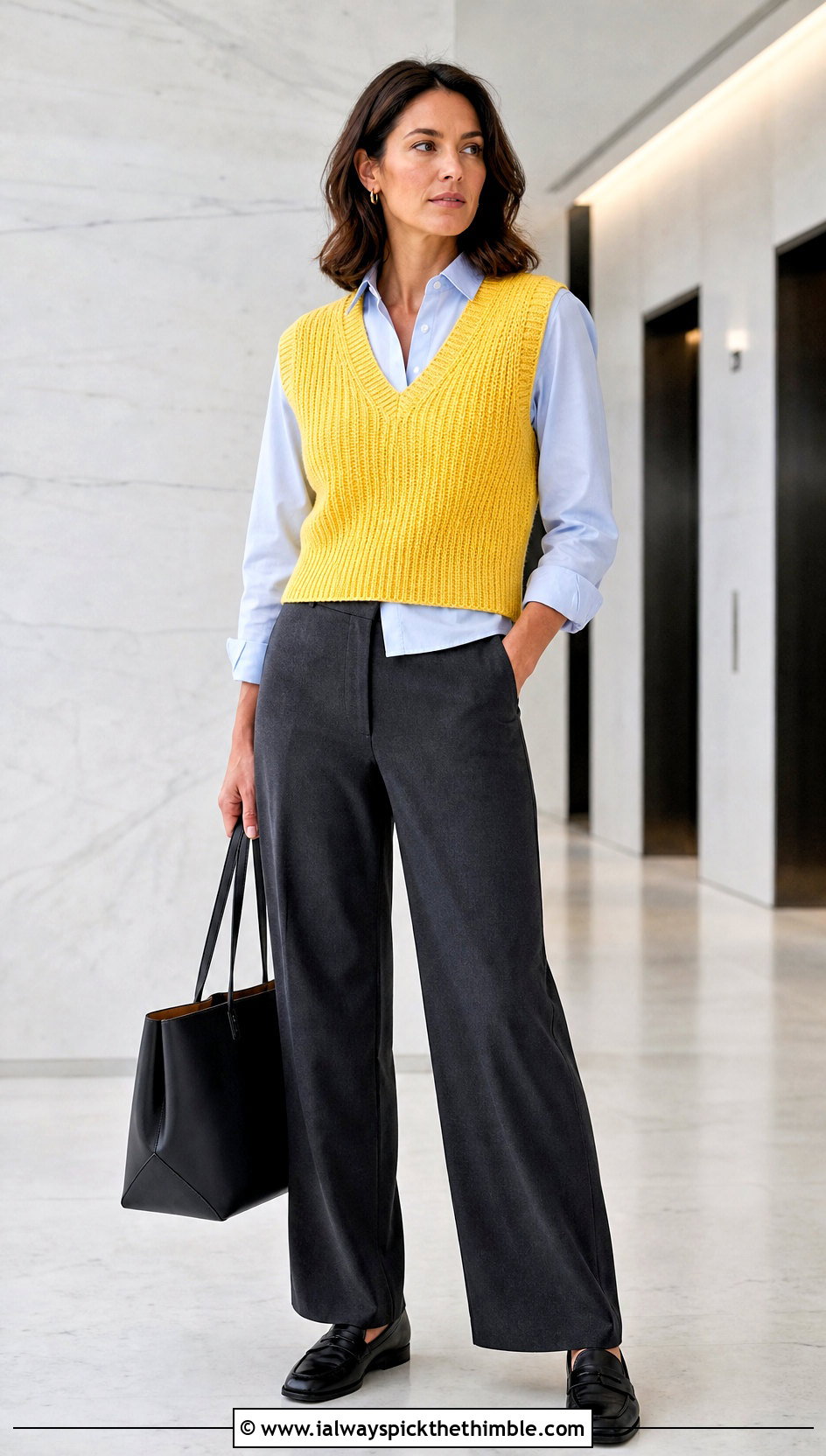 Ribbed V Neck Crochet Sweater Vest With Tailored Trousers - 25 crochet sweater vest outfit ideas