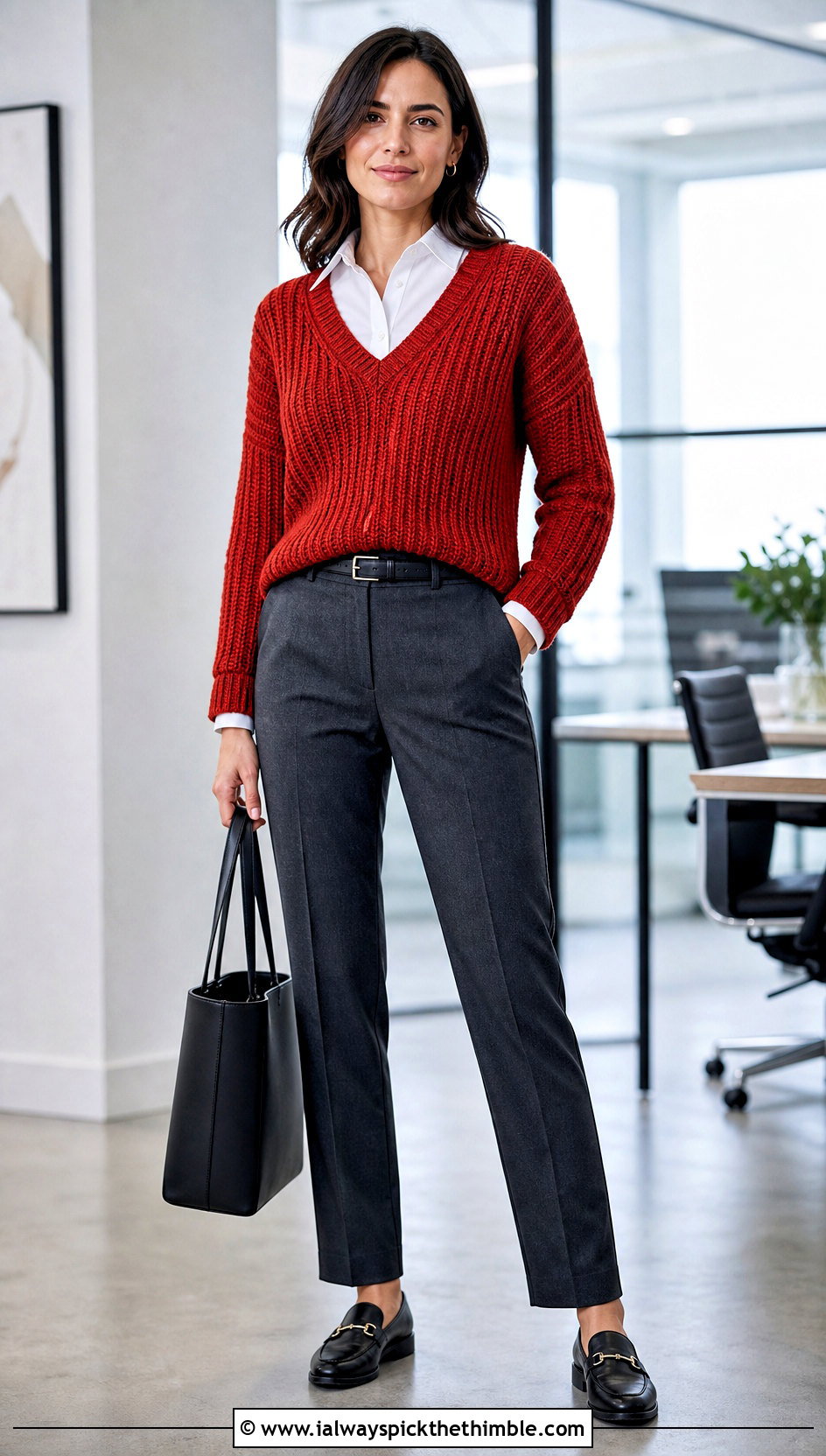 Ribbed V Neck Crochet Sweater With Button Down Shirt And Tailored Pants - 25 easy crochet sweaters outfit ideas