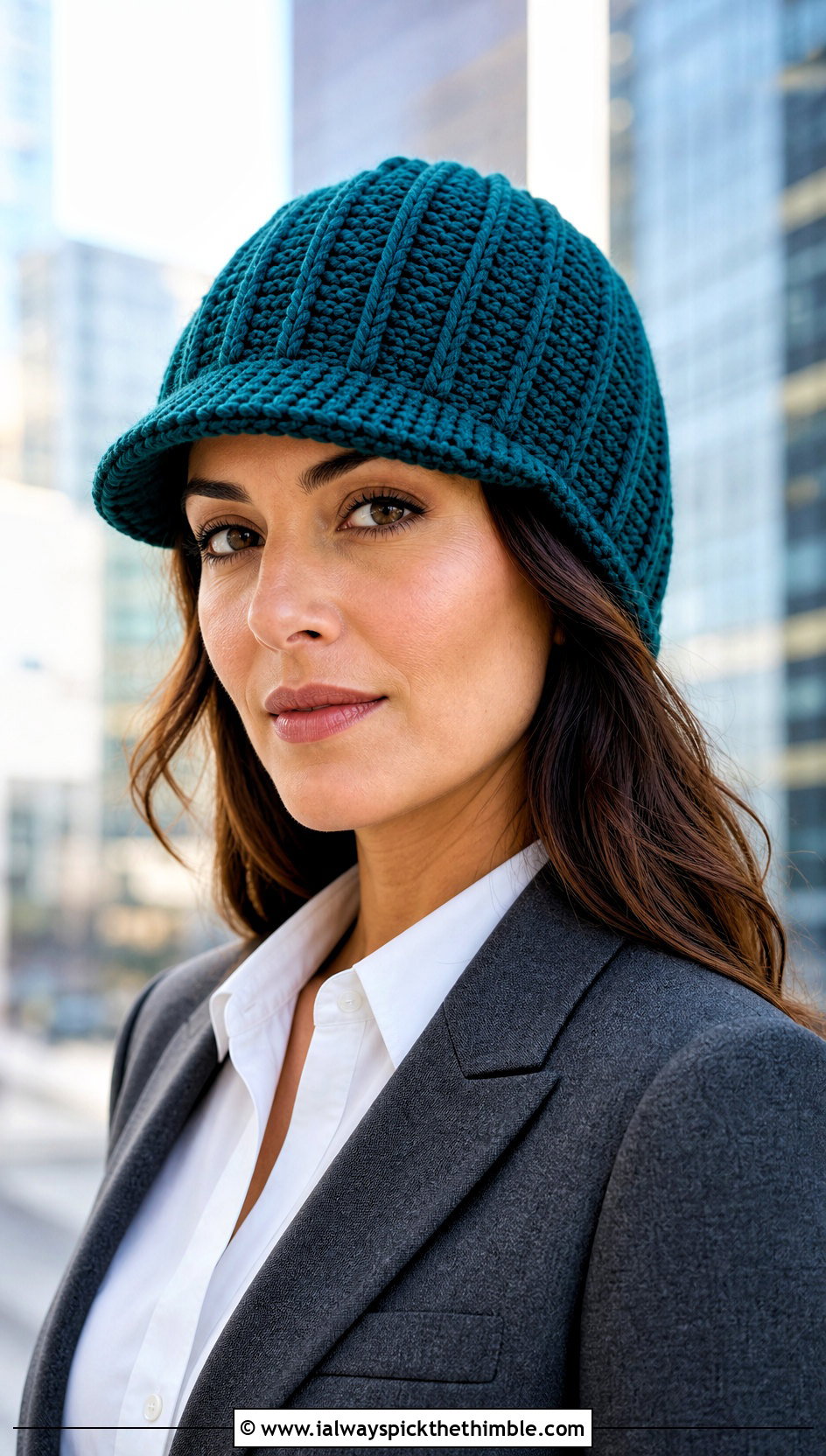 Ribbed Visor Crochet Beanie With Tailored Suit - 20 Crochet Beanie With Brim outfit ideas