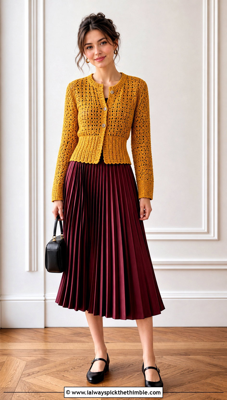 Ribbed Waist Boho Crochet Cardigan With Pleated Skirt - 25 Boho Crochet Cardigan outfit ideas
