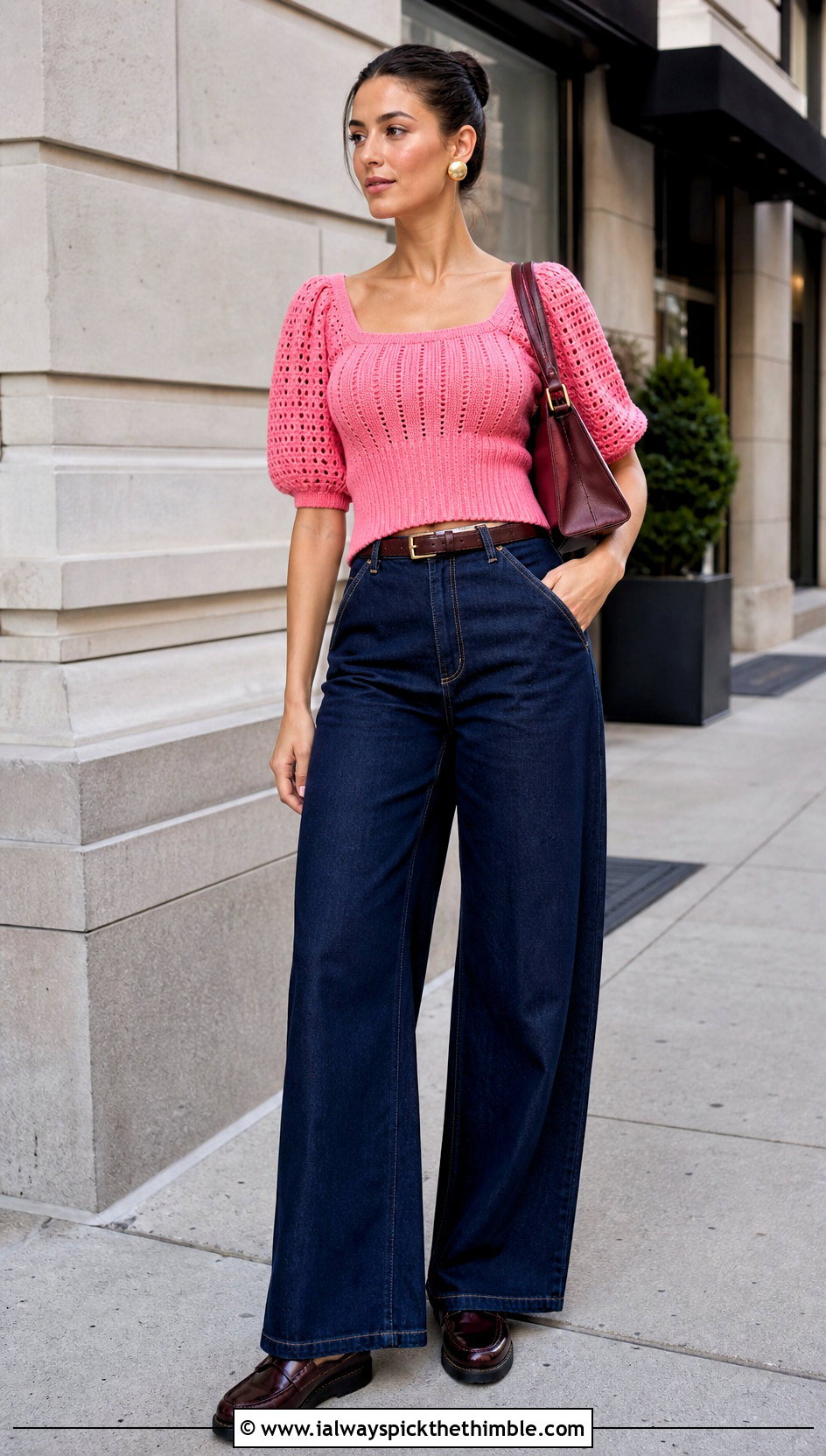 Ribbed Waist Crochet Puff Sleeve Top With Wide Leg Jeans - 25 crochet puff sleeve top outfit ideas
