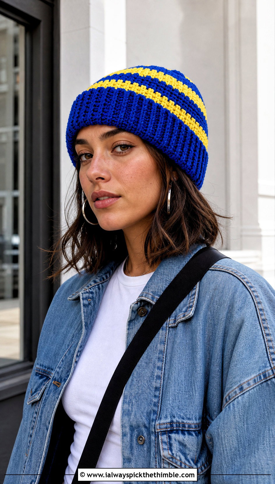 Ribbed Wide Stripe Crochet Beanie With Denim Jacket - 15 Crochet Striped Beanies outfit ideas