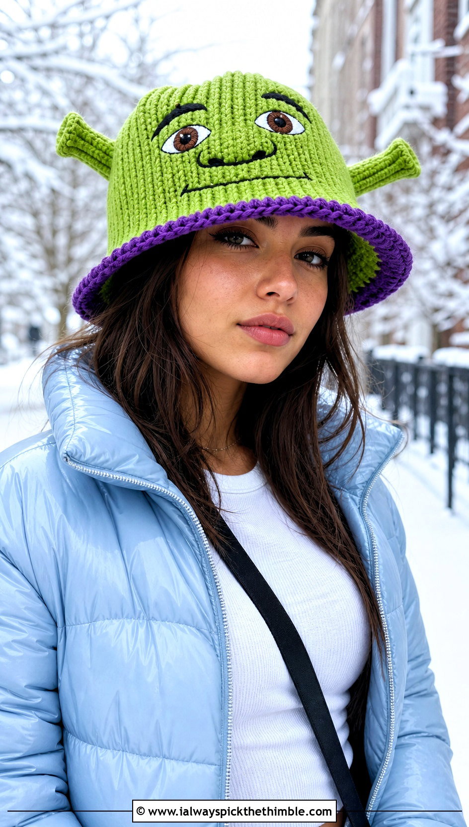 Ribbed Winter Crochet Shrek Bucket Hat With Puffer Jacket - 15 Crochet Shrek Bucket Hat outfit ideas
