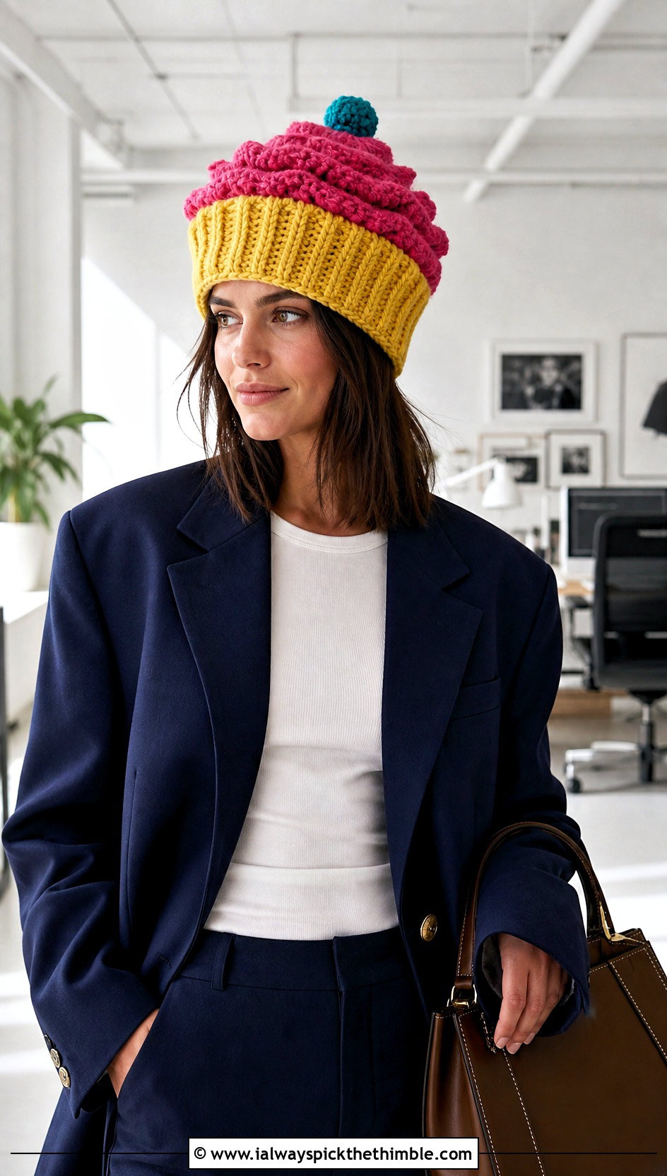 Ribbed Wrapper Crochet Cupcake Hat With Blazer And Trousers - 20 crochet cupcake hat outfit ideas