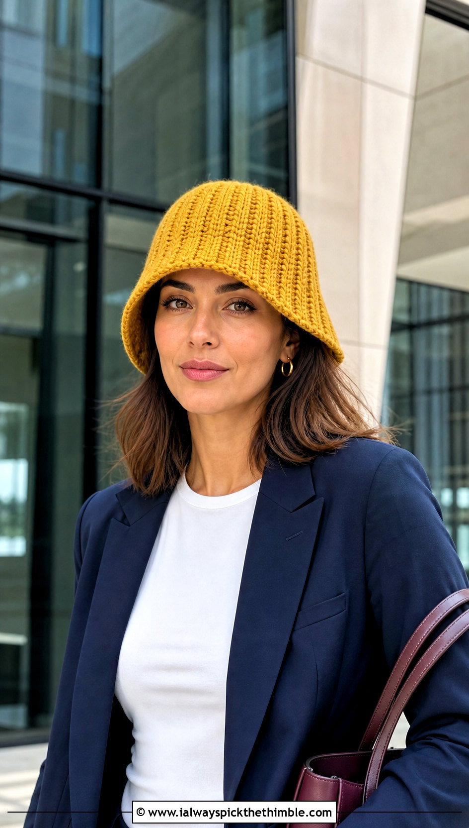 Ribbed Yellow Crochet Bucket Hat With Tailored Suit - 20 yellow crochet bucket hat outfit ideas