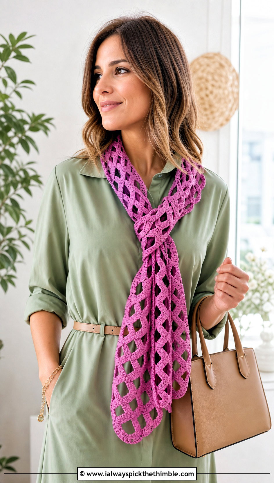 Ribbon Crochet Lace Scarf With Shirt Dress And Loafers - 20 easy crochet lace scarf outfit ideas