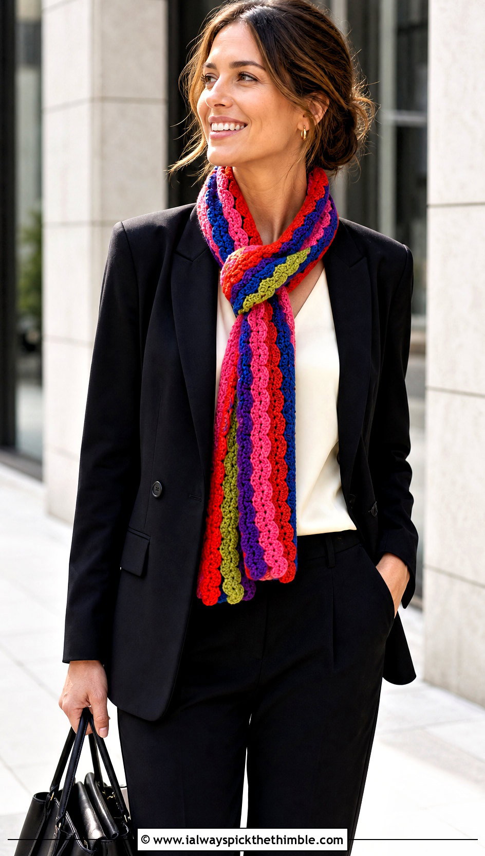 Ribbon Crochet Rainbow Scarf With Black Trouser Suit - 15 Crochet Rainbow Scarf outfit ideas